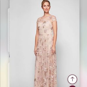 NWT Alex Evenings Embroidered Mesh Soft Sheath Gown with Cap Sleeves Size 14